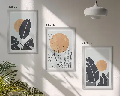 Cadre photo mural à motifs végétaux minimalistes avec grands soleils