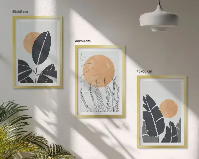 Cadre photo mural à motifs végétaux minimalistes avec grands soleils