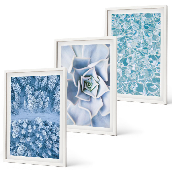 Lot de 3 tableaux pour salon Eau de fleur bleue de la forêt d'hiver