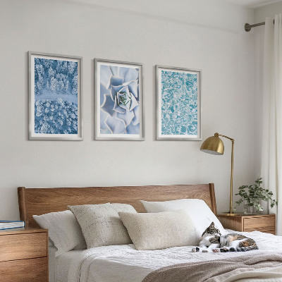Lot de 3 tableaux pour salon Eau de fleur bleue de la forêt d'hiver