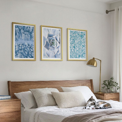 Lot de 3 tableaux pour salon Eau de fleur bleue de la forêt d'hiver