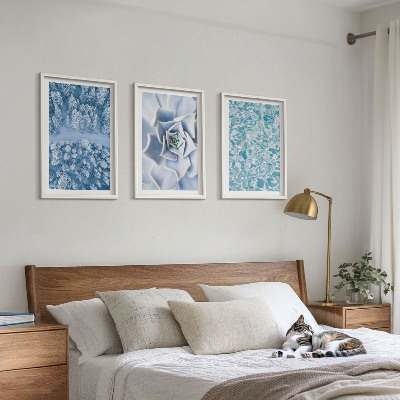 Lot de 3 tableaux pour salon Eau de fleur bleue de la forêt d'hiver