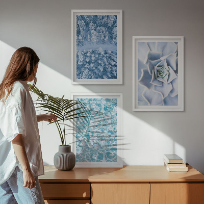 Lot de 3 tableaux pour salon Eau de fleur bleue de la forêt d'hiver