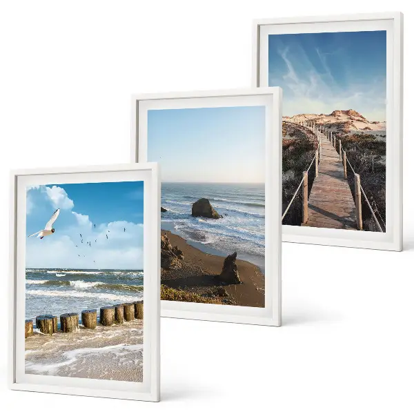 Lot de 3 tableaux pour salon vagues de plage et promenade sur la jetée céleste