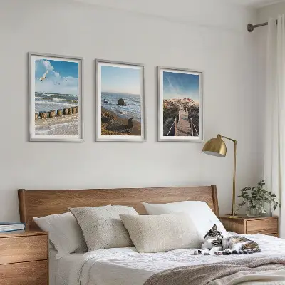 Lot de 3 tableaux pour salon vagues de plage et promenade sur la jetée céleste