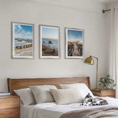 Lot de 3 tableaux pour salon Vagues de plage promenade sur la jetée céleste