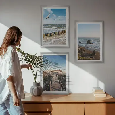 Lot de 3 tableaux pour salon vagues de plage et promenade sur la jetée céleste