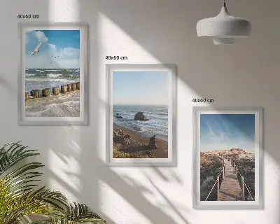 Lot de 3 tableaux pour salon vagues de plage et promenade sur la jetée céleste