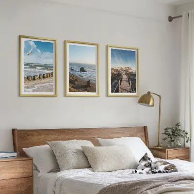 Lot de 3 tableaux pour salon vagues de plage et promenade sur la jetée céleste