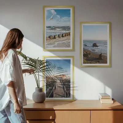 Lot de 3 tableaux pour salon vagues de plage et promenade sur la jetée céleste