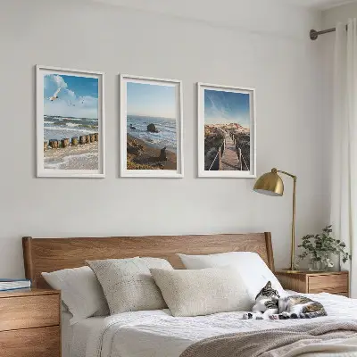 Lot de 3 tableaux pour salon vagues de plage et promenade sur la jetée céleste