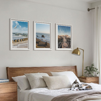 Lot de 3 tableaux pour salon Vagues de plage promenade sur la jetée céleste