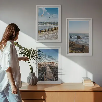 Lot de 3 tableaux pour salon vagues de plage et promenade sur la jetée céleste