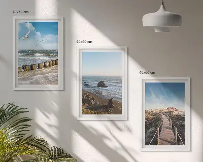 Lot de 3 tableaux pour salon vagues de plage et promenade sur la jetée céleste