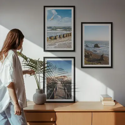 Lot de 3 tableaux pour salon vagues de plage et promenade sur la jetée céleste