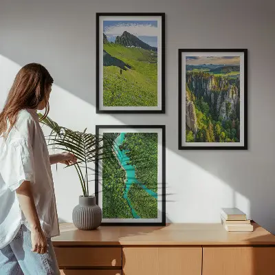Lot de 3 tableaux pour salon représentant des rochers de rivière dans les montagnes vertes