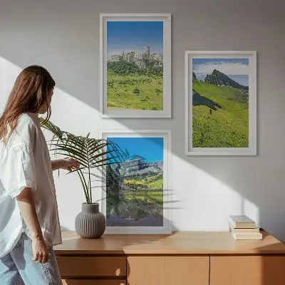 Lot de 3 tableaux pour salon représentant des collines verdoyantes avec un château