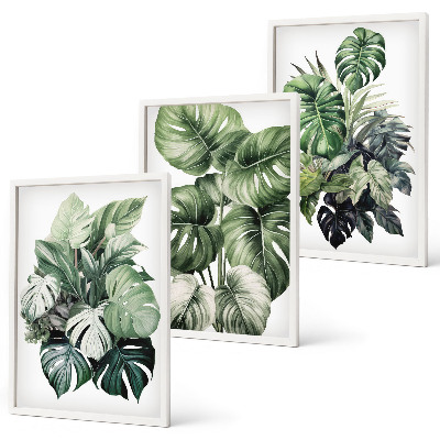 Lot de 3 tableaux pour salon Aquarelle de feuilles tropicales vertes