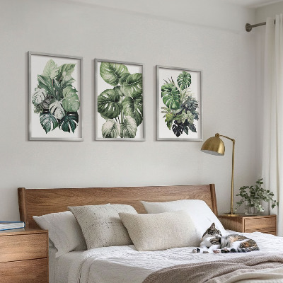 Lot de 3 tableaux pour salon Aquarelle de feuilles tropicales vertes