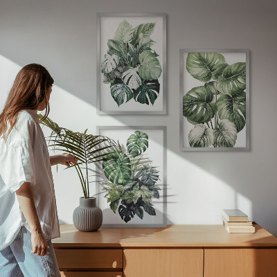 Lot de 3 tableaux pour salon Aquarelle de feuilles tropicales vertes