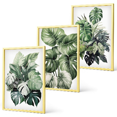 Lot de 3 tableaux pour salon Aquarelle de feuilles tropicales vertes