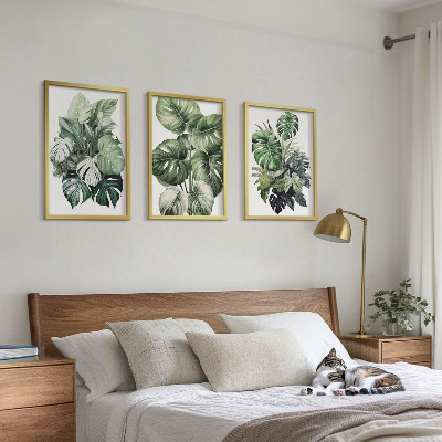 Lot de 3 tableaux pour salon Aquarelle de feuilles tropicales vertes