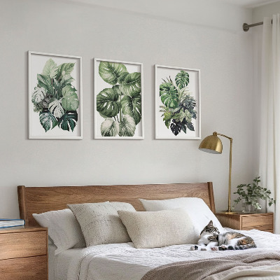 Lot de 3 tableaux pour salon Aquarelle de feuilles tropicales vertes
