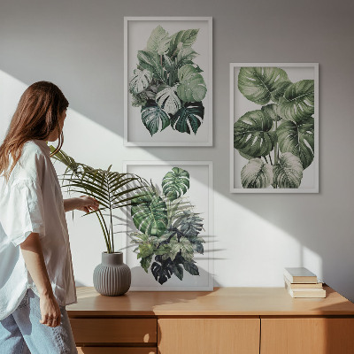 Lot de 3 tableaux pour salon Aquarelle de feuilles tropicales vertes
