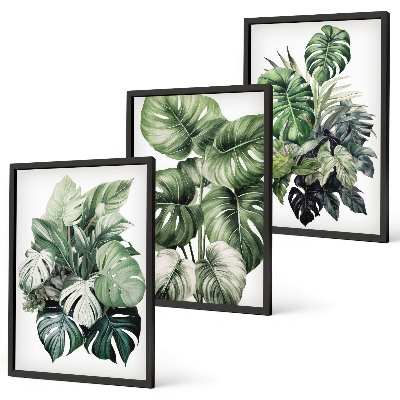 Lot de 3 tableaux pour salon Aquarelle de feuilles tropicales vertes