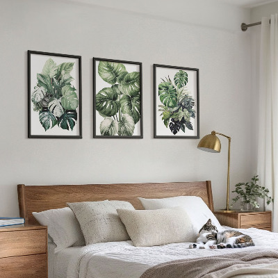 Lot de 3 tableaux pour salon Aquarelle de feuilles tropicales vertes