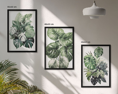 Lot de 3 tableaux pour salon Aquarelle de feuilles tropicales vertes