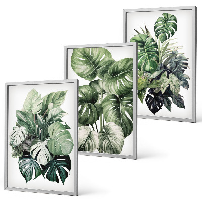 Lot de 3 tableaux pour salon Aquarelle de feuilles tropicales vertes