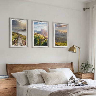 Lot de 3 tableaux pour salon Paysage de montagne avec des fleurs