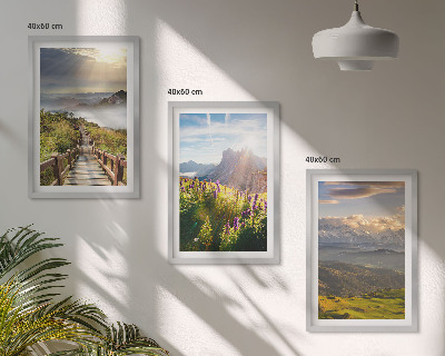 Lot de 3 tableaux pour salon Paysage de montagne avec des fleurs