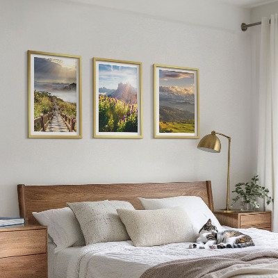 Lot de 3 tableaux pour salon Paysage de montagne avec des fleurs