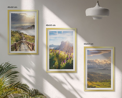 Lot de 3 tableaux pour salon Paysage de montagne avec des fleurs