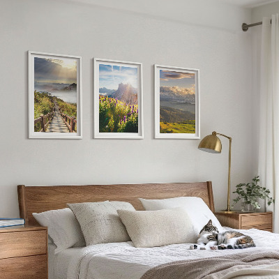 Lot de 3 tableaux pour salon Paysage de montagne avec des fleurs