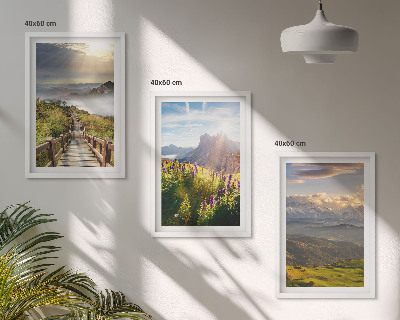Lot de 3 tableaux pour salon Paysage de montagne avec des fleurs