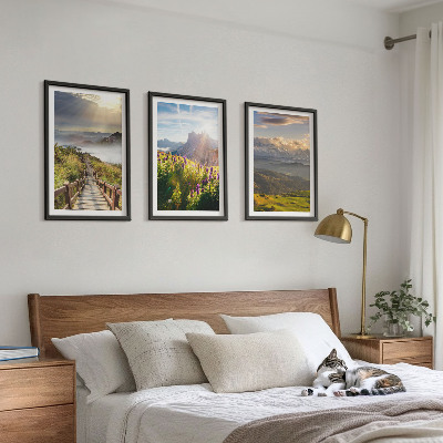 Lot de 3 tableaux pour salon Paysage de montagne avec des fleurs