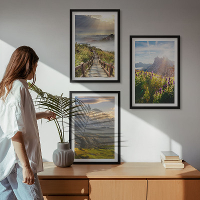 Lot de 3 tableaux pour salon Paysage de montagne avec des fleurs