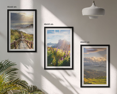 Lot de 3 tableaux pour salon Paysage de montagne avec des fleurs