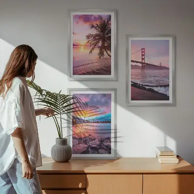 Lot de 3 tableaux pour salon représentant un paysage de pont au coucher du soleil