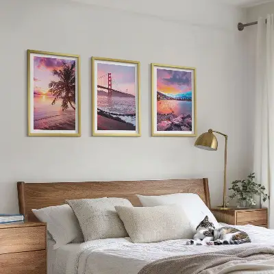 Lot de 3 tableaux pour salon représentant un paysage de pont au coucher du soleil