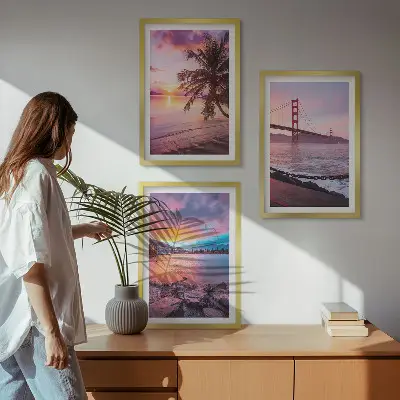 Lot de 3 tableaux pour salon représentant un paysage de pont au coucher du soleil