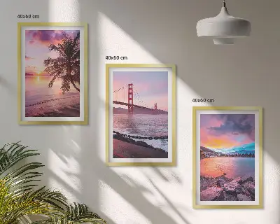 Lot de 3 tableaux pour salon représentant un paysage de pont au coucher du soleil