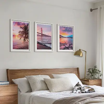 Lot de 3 tableaux pour salon représentant un paysage de pont au coucher du soleil