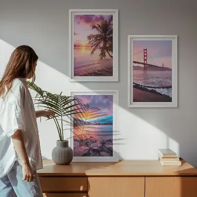 Lot de 3 tableaux pour salon représentant un paysage de pont au coucher du soleil