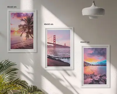 Lot de 3 tableaux pour salon représentant un paysage de pont au coucher du soleil