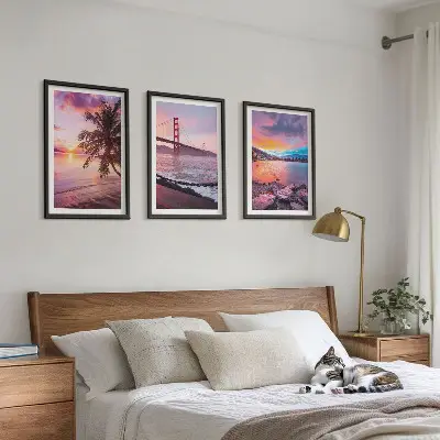 Lot de 3 tableaux pour salon représentant un paysage de pont au coucher du soleil