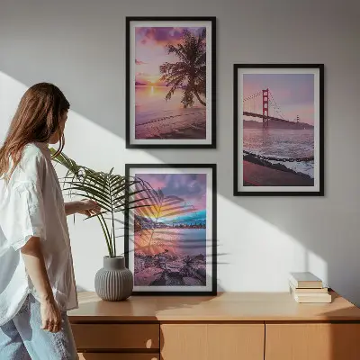 Lot de 3 tableaux pour salon représentant un paysage de pont au coucher du soleil